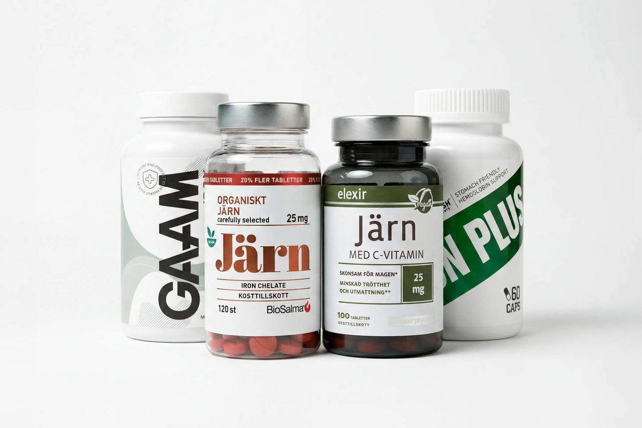 Bäst i test järntillskott: GAAM Järn, BioSalma Organiskt Järn 25 mg, Elexir Järn med C-vitamin och Iron Plus magvänliga järnkapslar