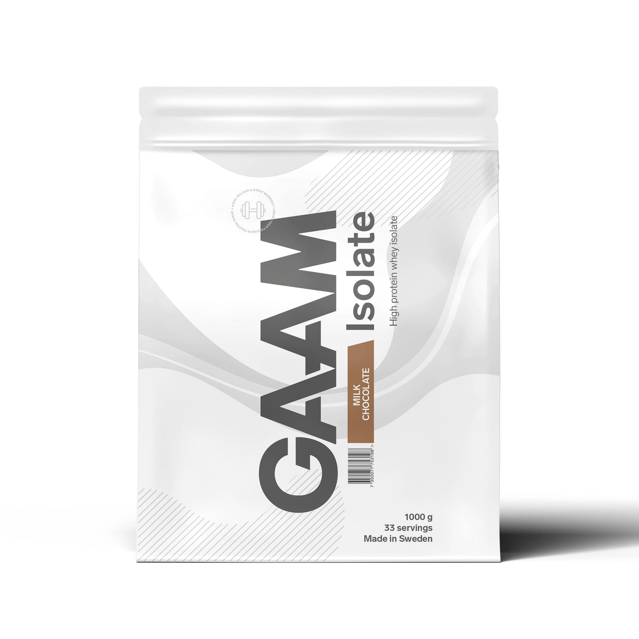 GAAM Isolate 1 kg proteinpulver i en vit påse med grå och bruna detaljer för smaken Milk Chocolate.