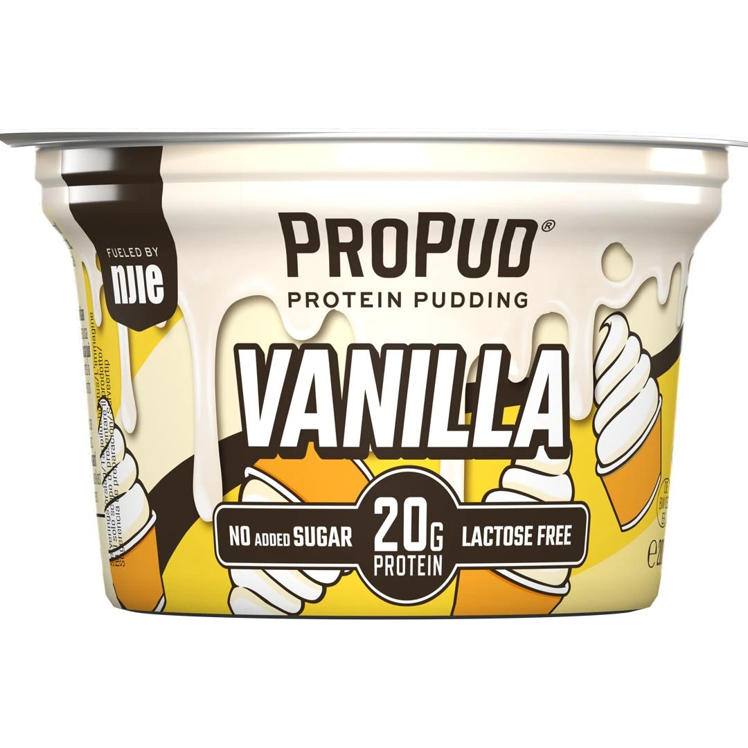 NJIE ProPud 200 g proteinpudding i en gul och vit bägare med bruna detaljer för smaken Vanilla.