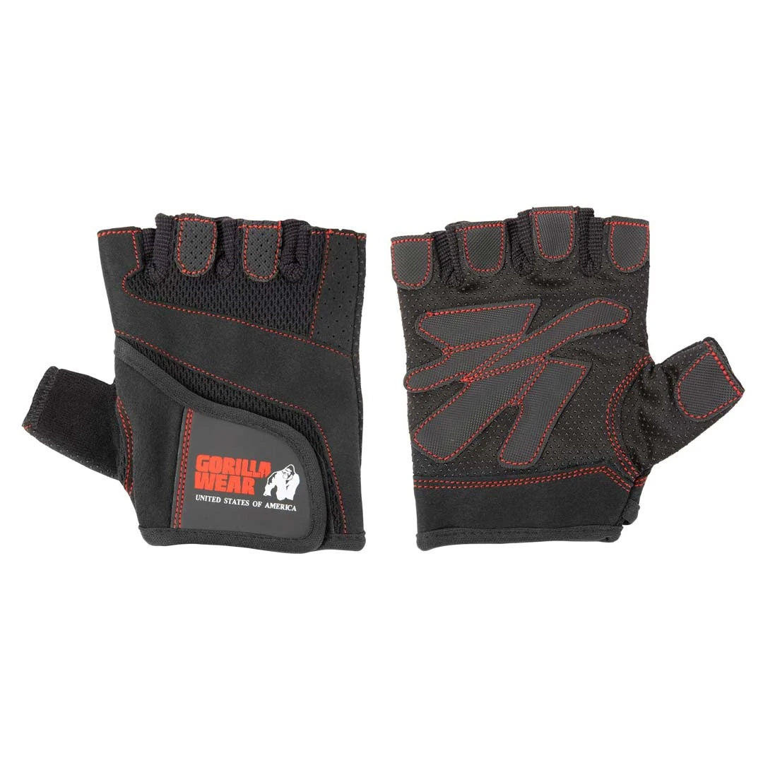 Gorilla Wear Womens Fitness Gloves Black/Red, svarta träningshandskar med röda sömmar, mesh och kardborre.