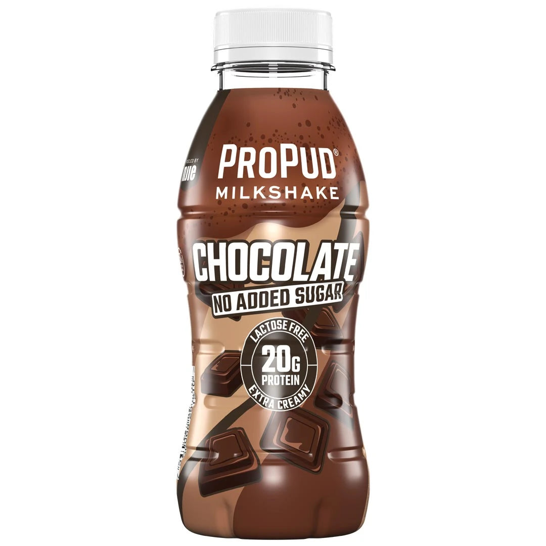NJIE ProPud Protein Milkshake 330 ml i en brun flaska med vit kork för smaken Chocolate.