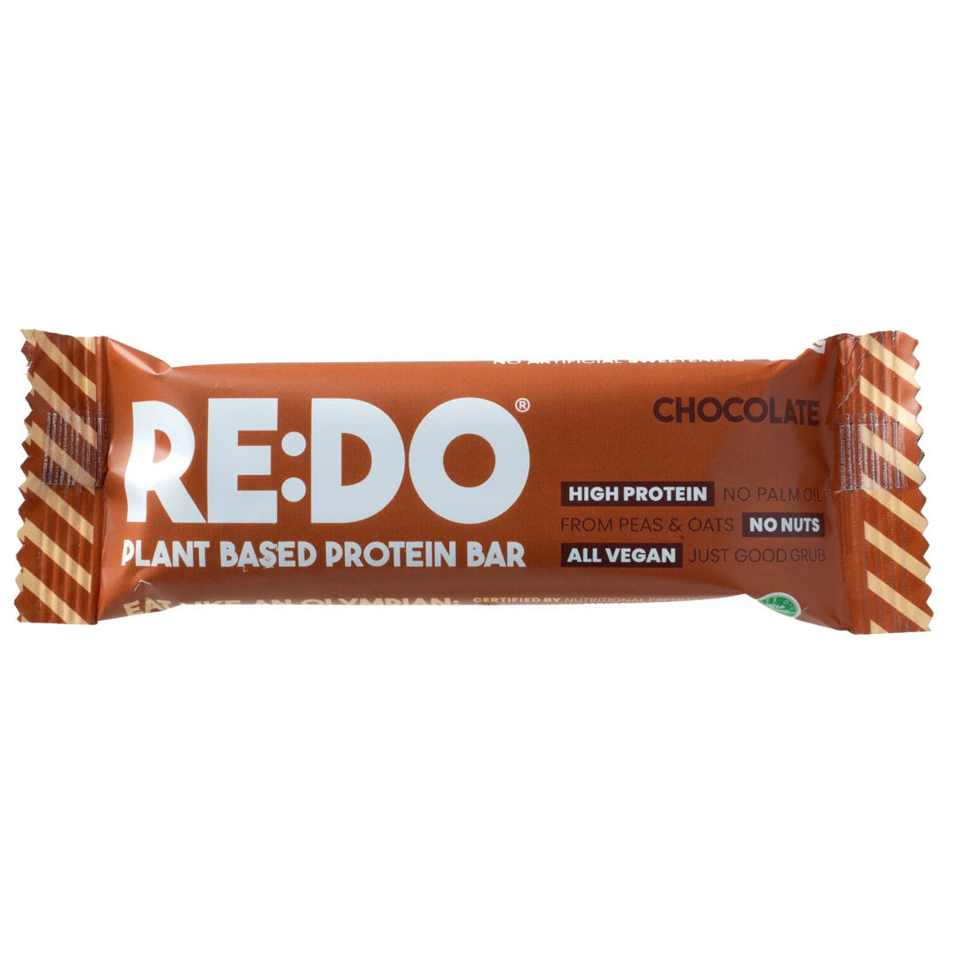 REDO Bar 60 g vegansk proteinbar i en brun förpackning med vita detaljer för smaken Chocolate Chock.