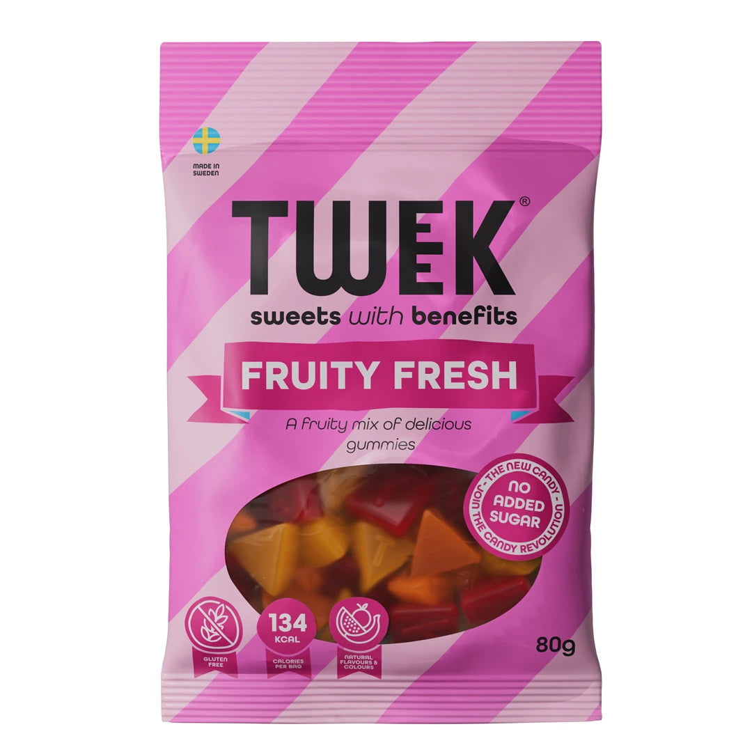 Tweek Sweets 80 g Fruity Fresh godis, en rosa randig påse med fönster som visar färgglada gelébitar inuti.