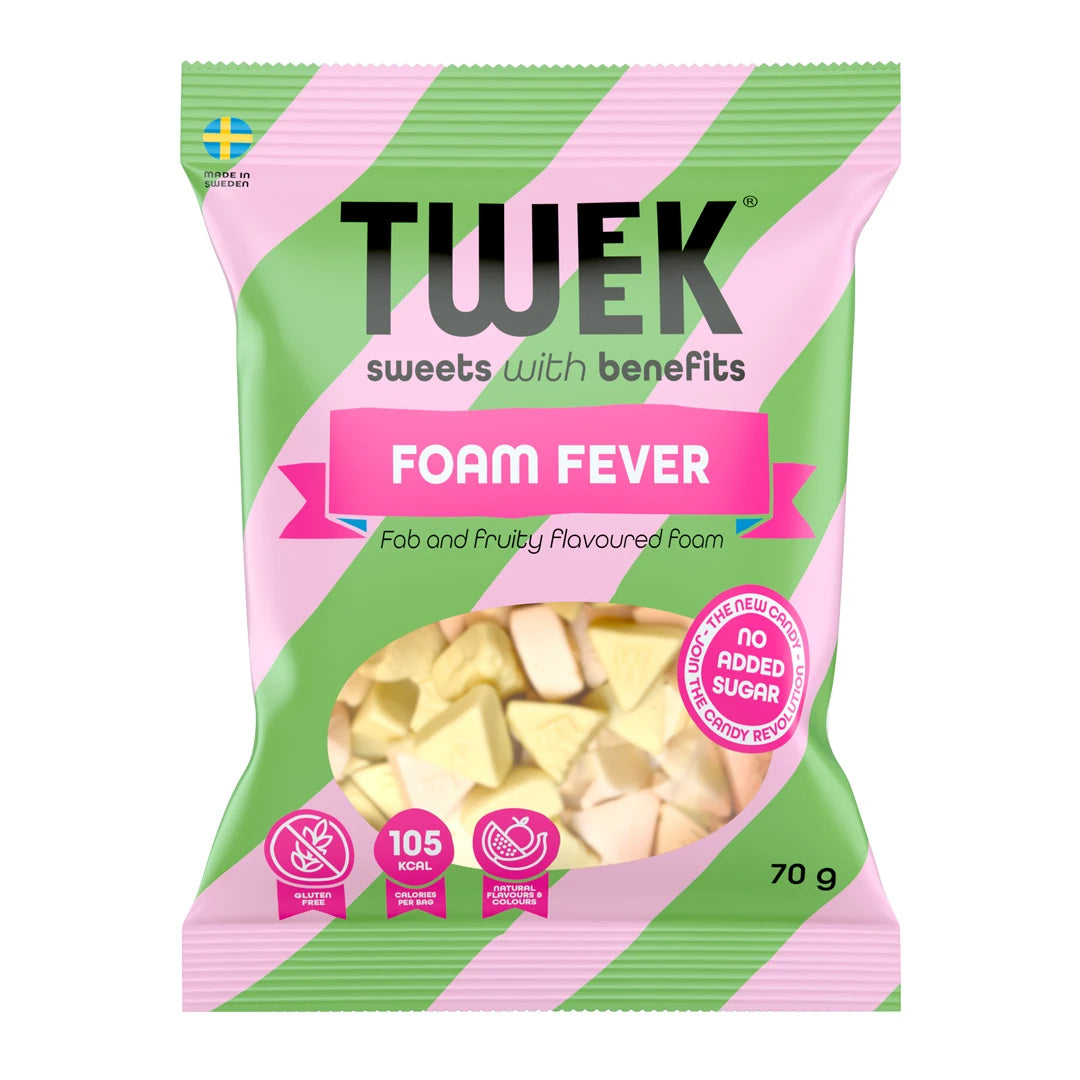 Tweek Sweets 70 g skumgodis förpackad i en rosa och grönrandig påse med smaken Foam Fever.