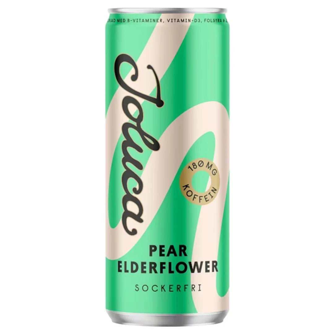 Joluca 330 ml energidryck med 180 mg koffein i en grön och beige burk för smaken Pear Elderflower.