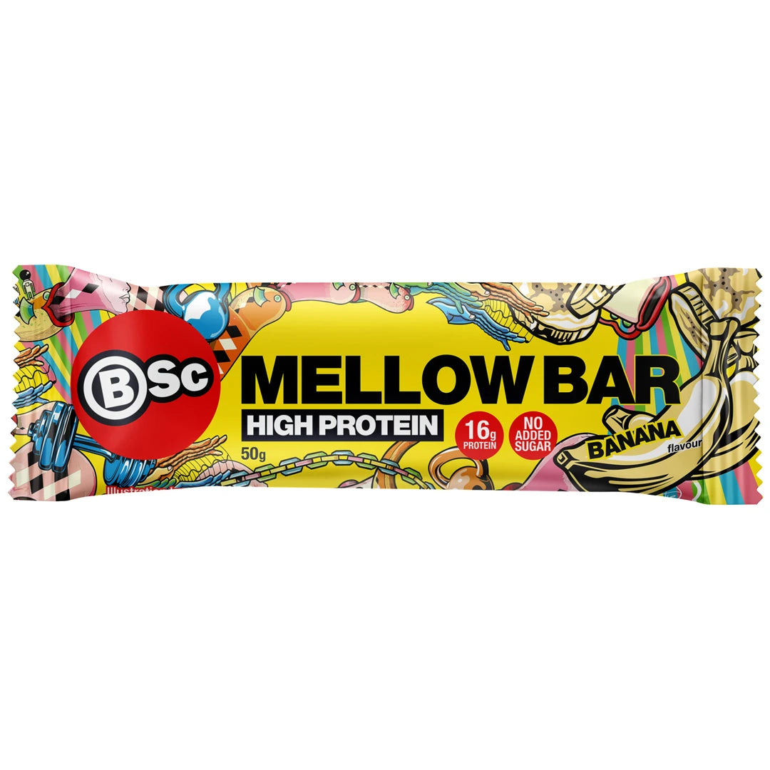 BSc Mellow Bar 50 g proteinbar i en gul förpackning med färgglada detaljer för smaken Banana.