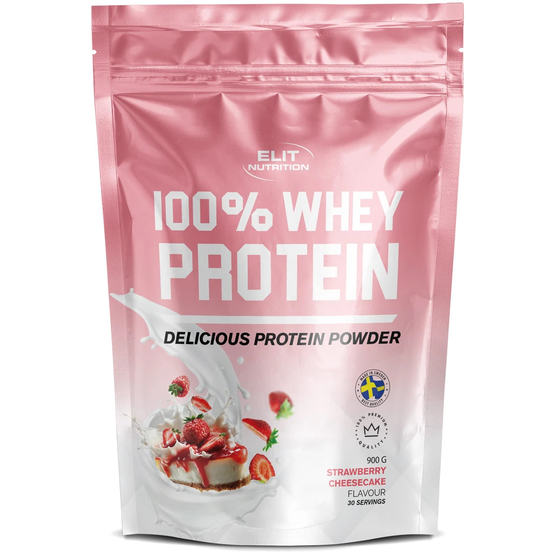 Elit Nutrition 100% Whey Protein 900 g proteinpulver i en rosa påse för smaken Strawberry Cheesecake.
