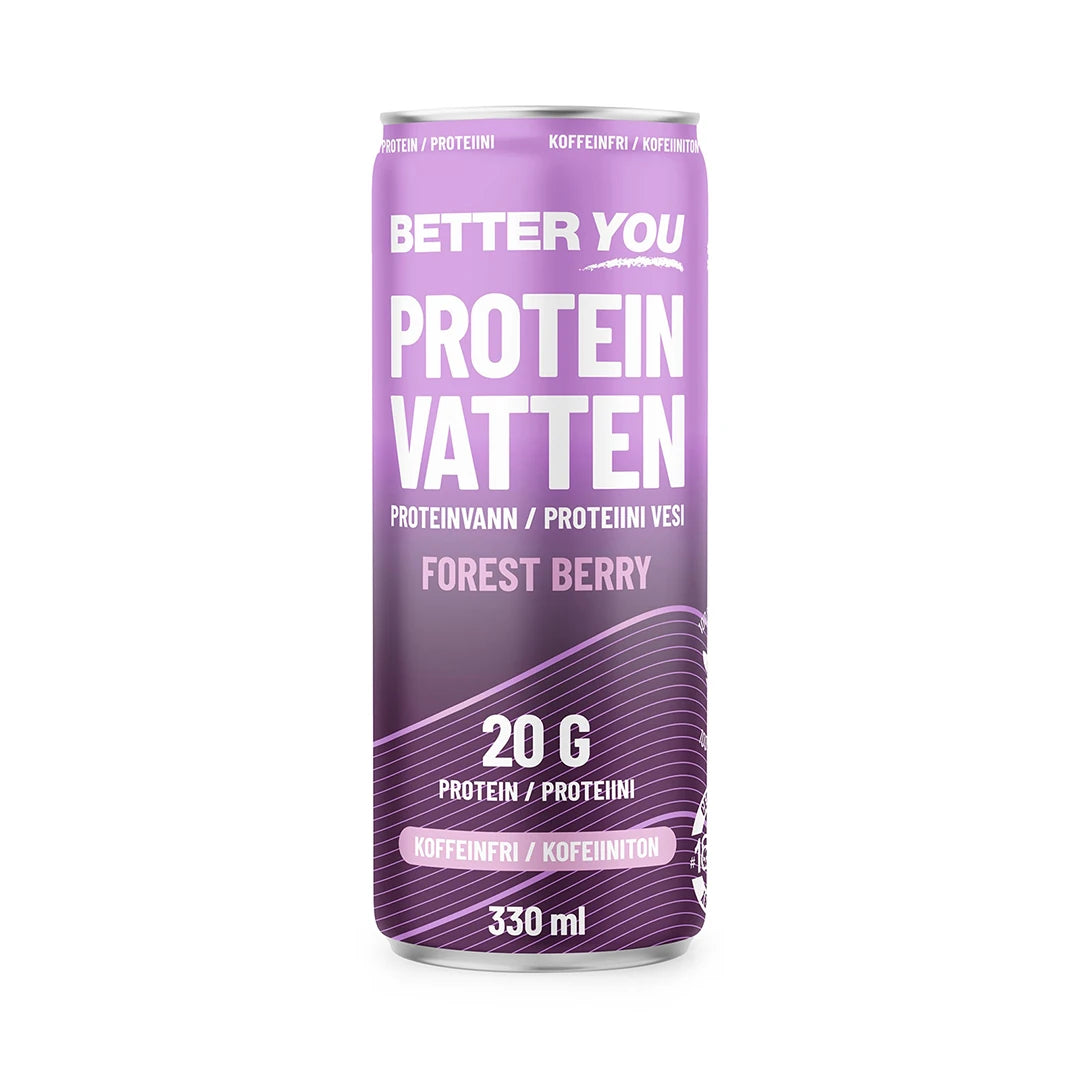 Better You Proteinvatten 330 ml i en lila burk med vita detaljer för den koffeinfria smaken Forest Berry.