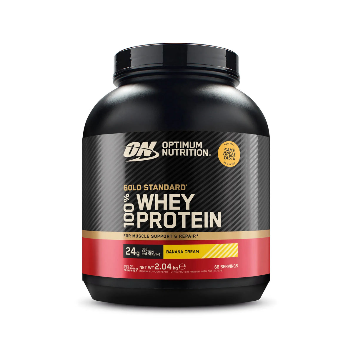 Optimum Nutrition 100% Whey Gold Standard 2 kg proteinpulver i en svart burk med röd etikett för smaken Banana Cream.