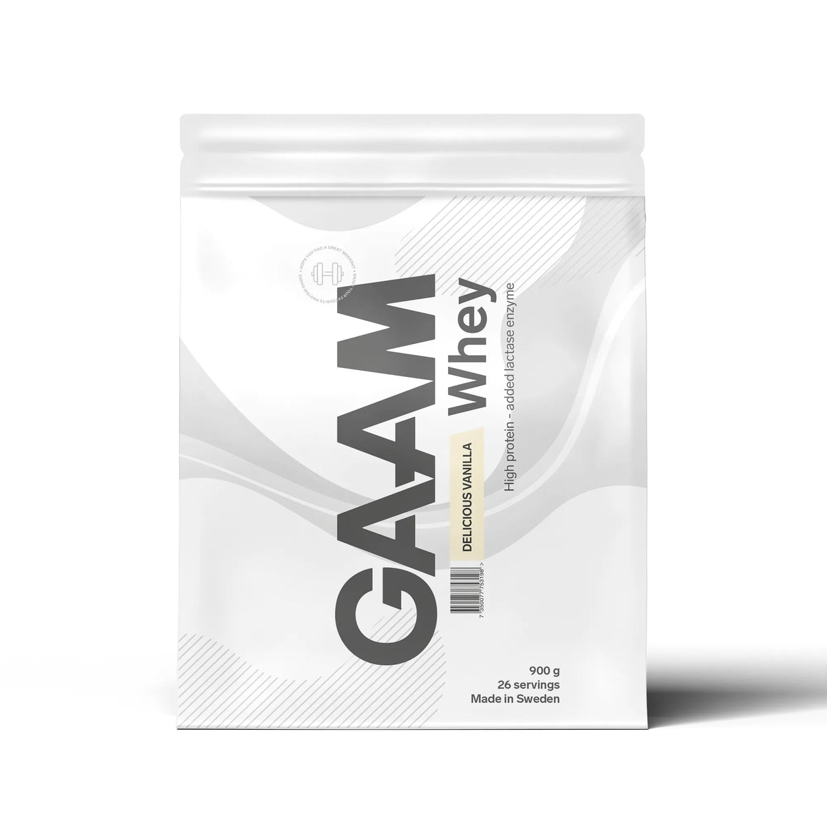 GAAM Whey 900 g proteinpulver i en vit påse med grå detaljer för smaken Delicious Vanilla.