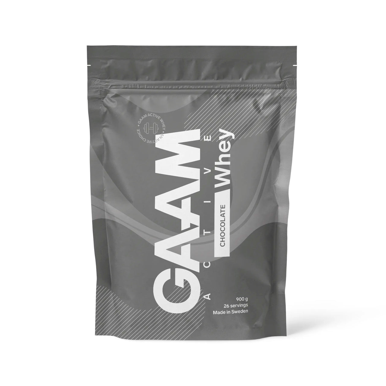 GAAM Active Whey 900 g proteinpulver i en mörkgrå påse med vit text för smaken Chocolate.