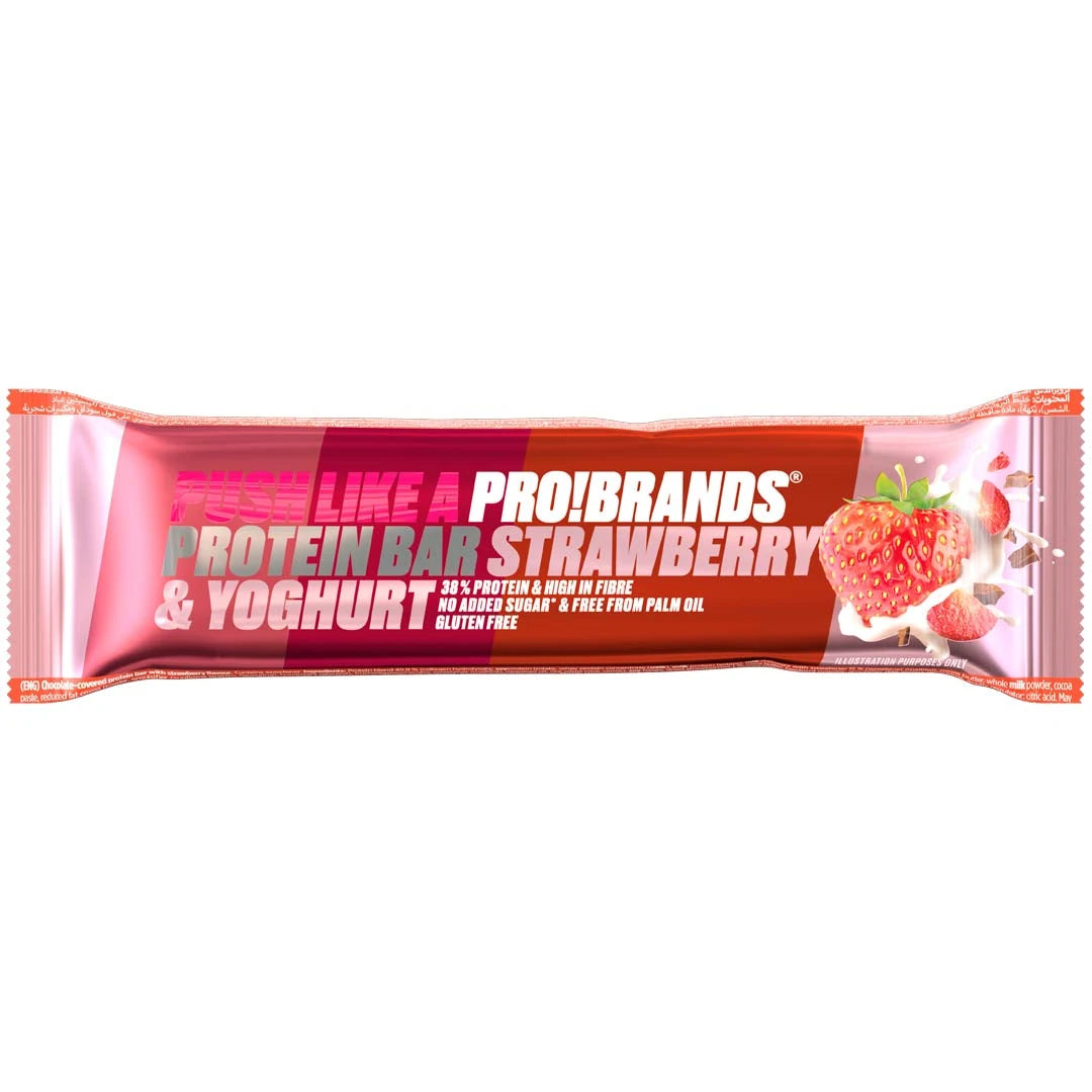 Pro Brands Proteinbar 45 g i en glänsande rosa och röd förpackning för smaken Strawberry Yoghurt.