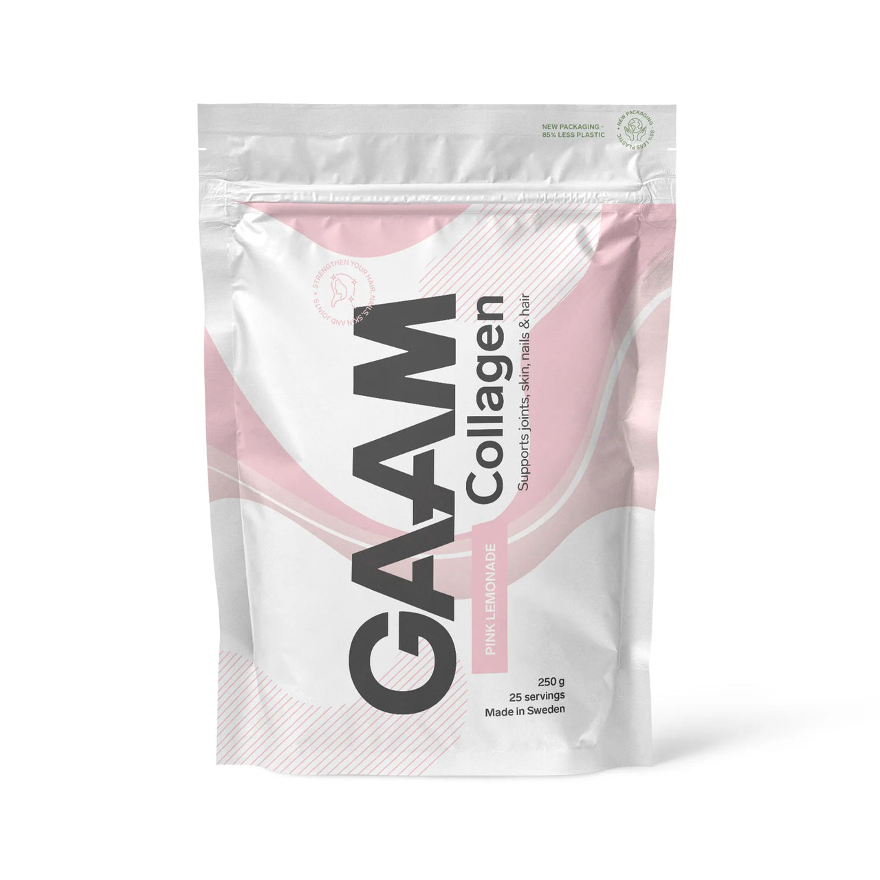 GAAM Collagen 250 g kollagenpulver i en vit påse med rosa detaljer för smaken Pink Lemonade.