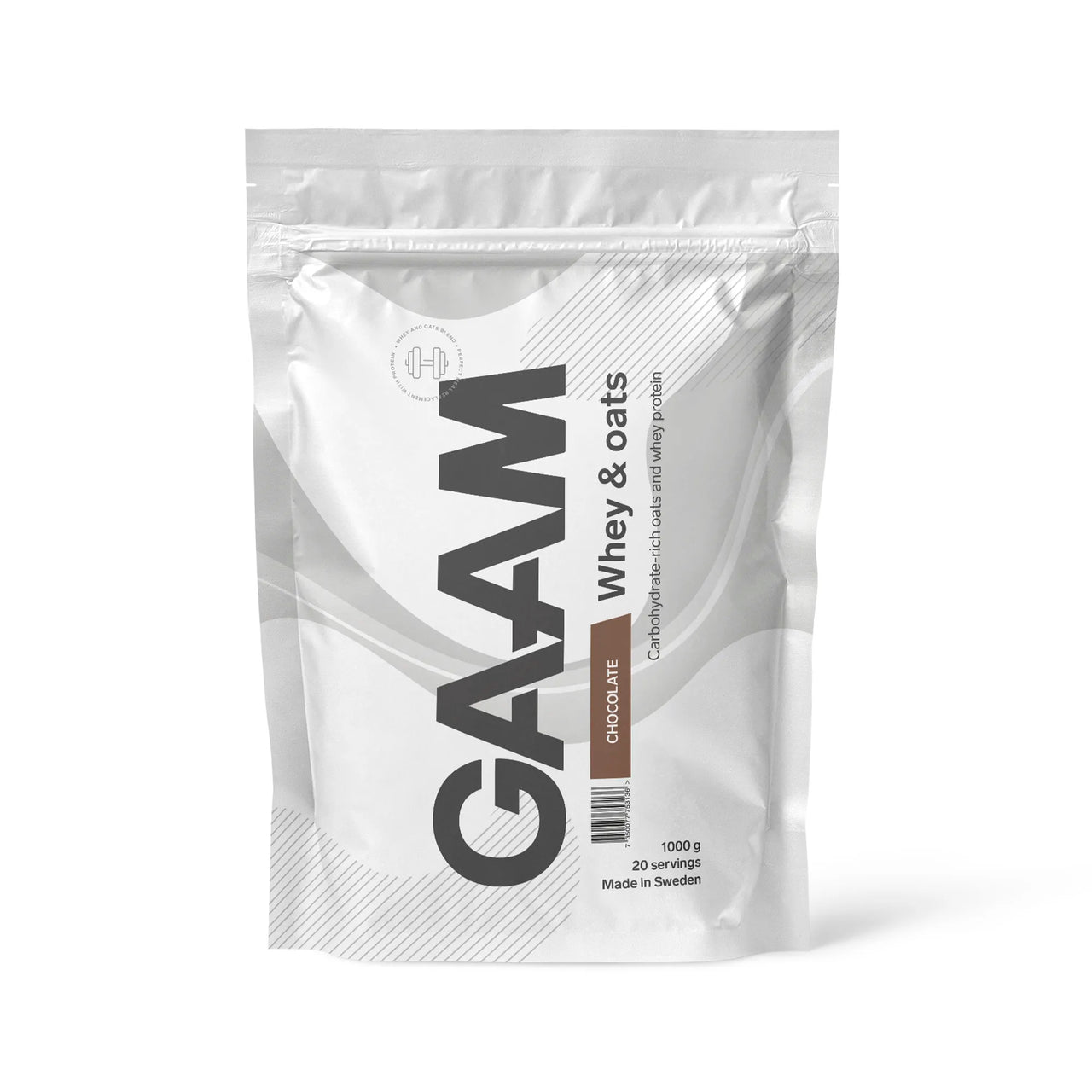 GAAM Whey & Oats 1 kg proteinpulver i en vit påse med grå text och bruna detaljer för smaken Choklad.