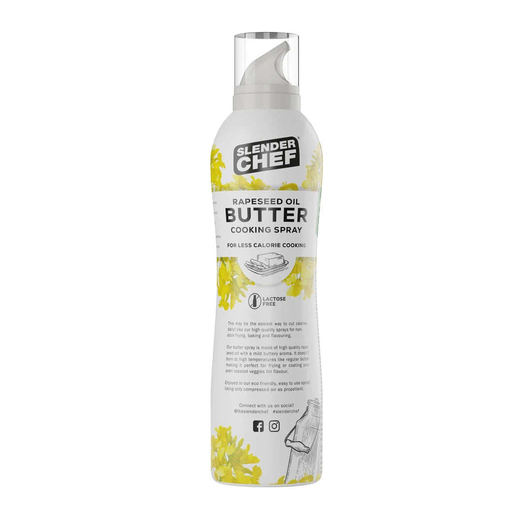 Slender Chef Cooking Spray 200 ml i smaken Butter Oil, en vit sprayflaska med gula detaljer för jämn och smidig stekning.