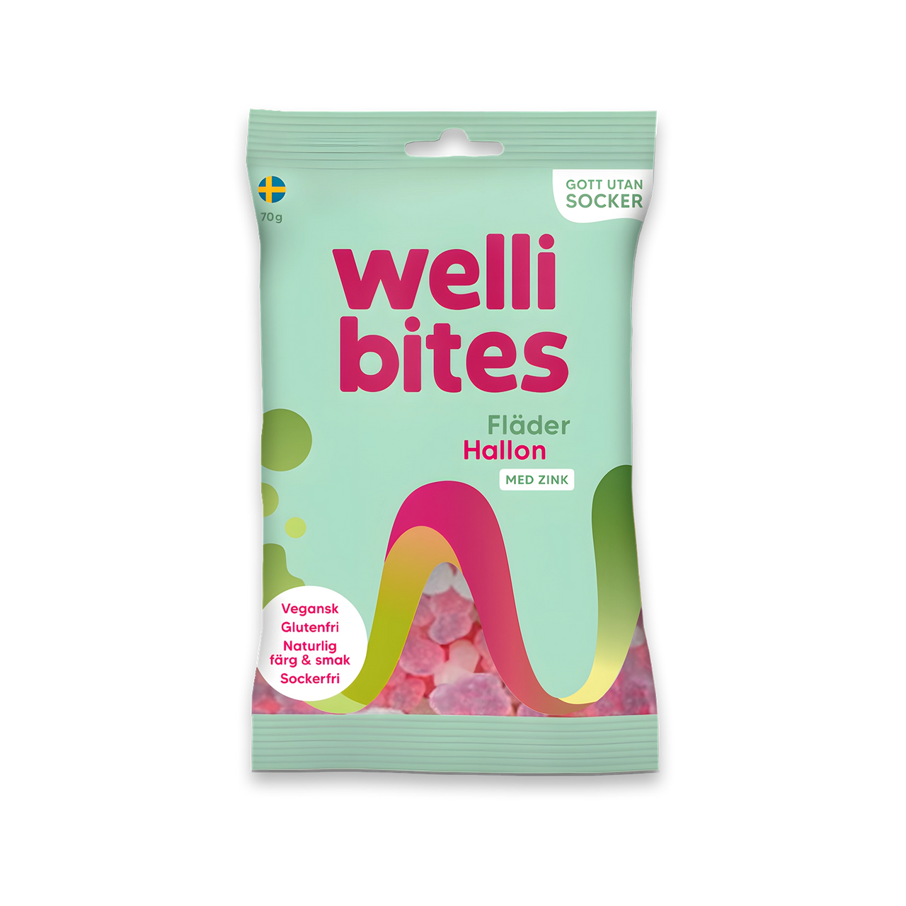Wellibites Candy 70 g sockerfritt godis i en ljusgrön påse med rosa detaljer för smaken Fläder Hallon.