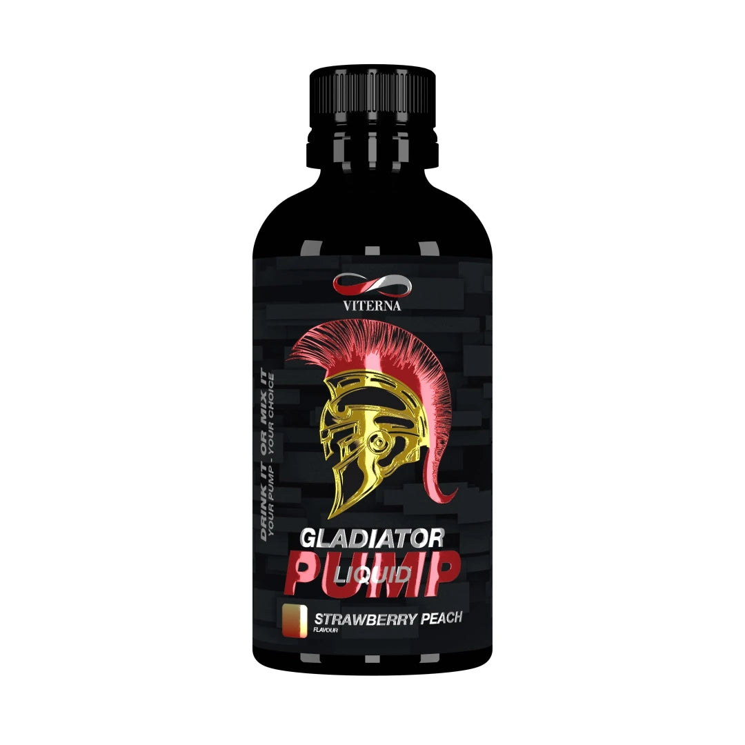 Viterna Gladiator Pump Liquid 500 ml i en svart flaska med röd och guldig gladiatorhjälm för smaken Strawberry Peach.