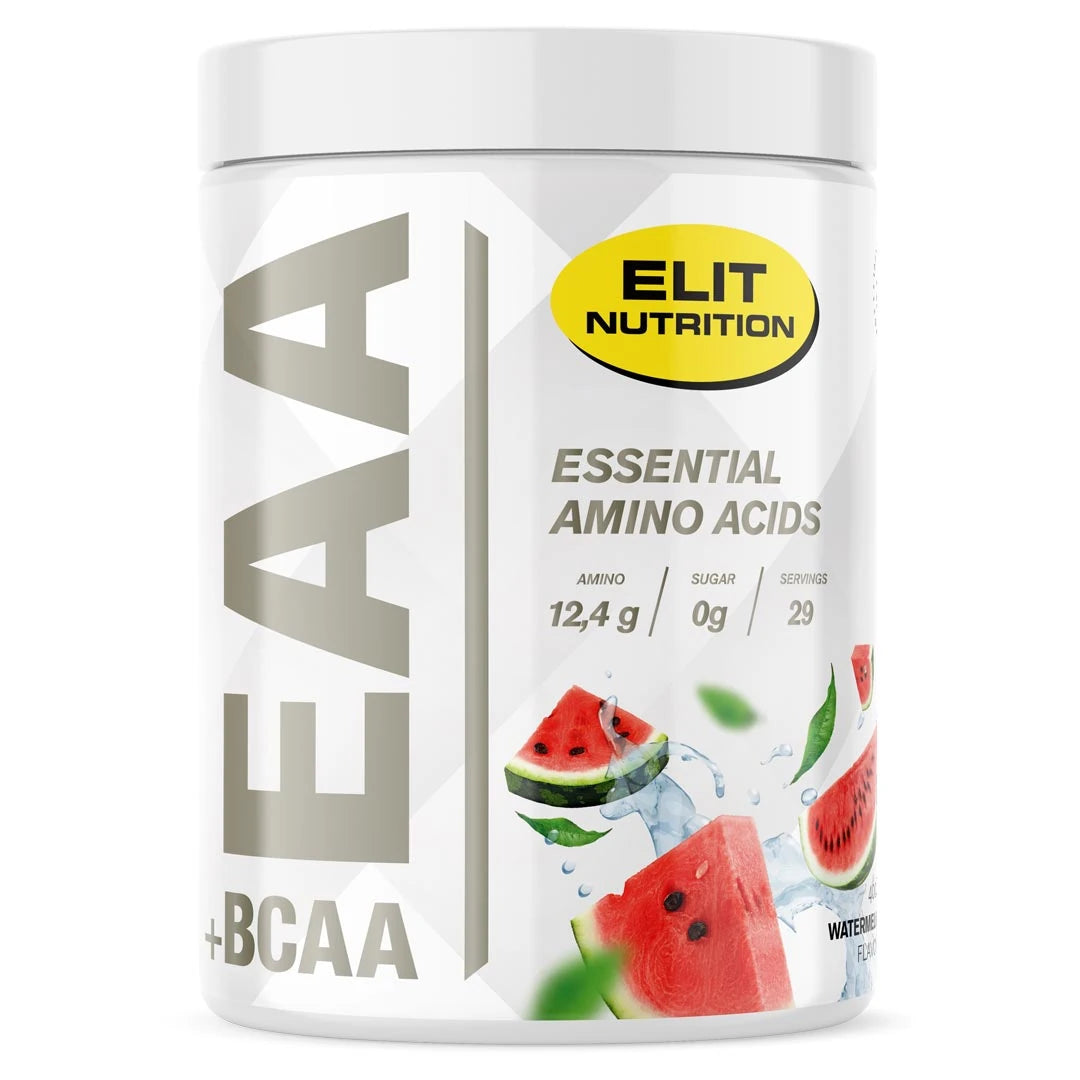 Elit Nutrition EAA + BCAA 400 g aminosyror i en vit burk med motiv av vattenmelon för smaken Watermelon.