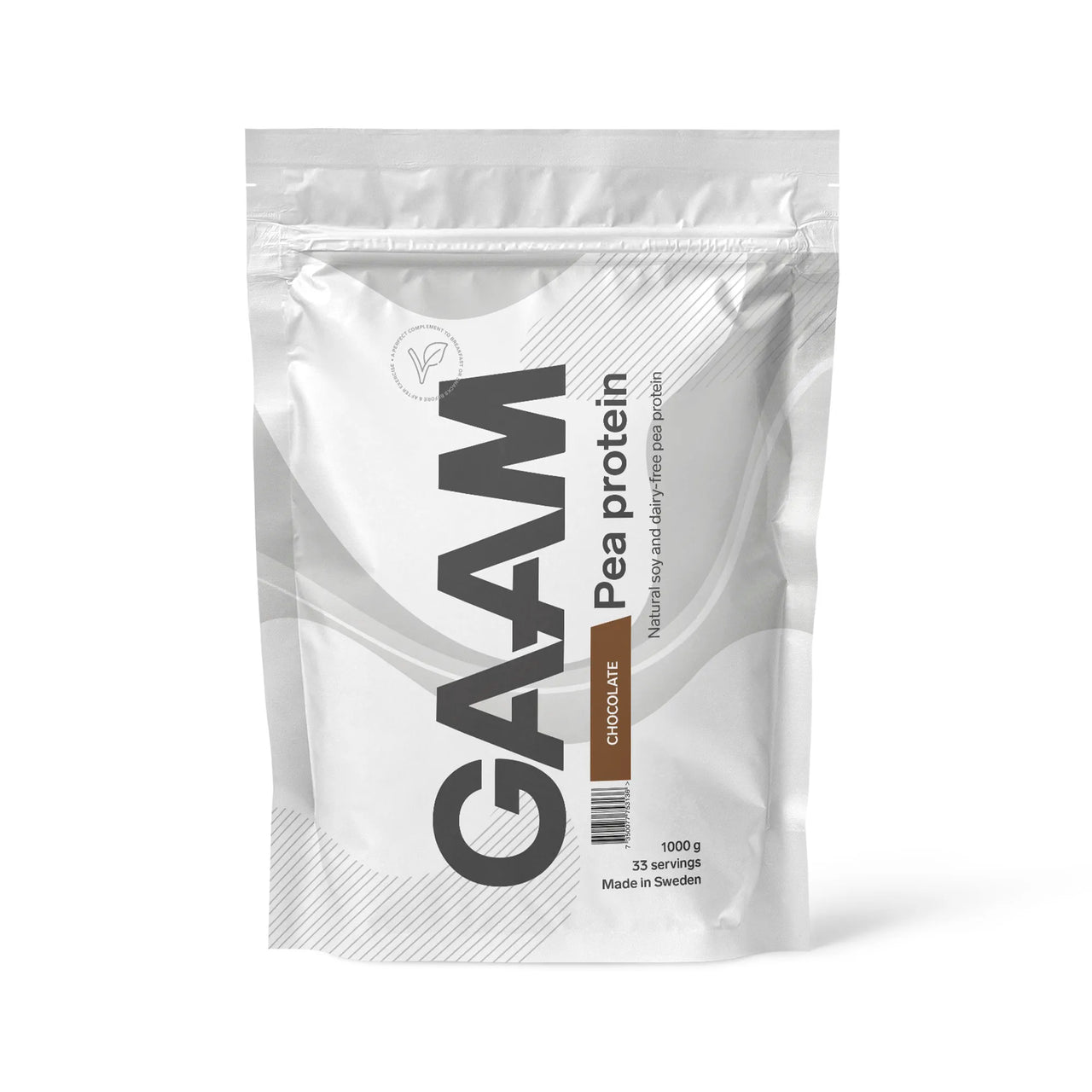 GAAM Pea Protein 1 kg veganskt proteinpulver i en vit påse med grå detaljer för smaken Chocolate.