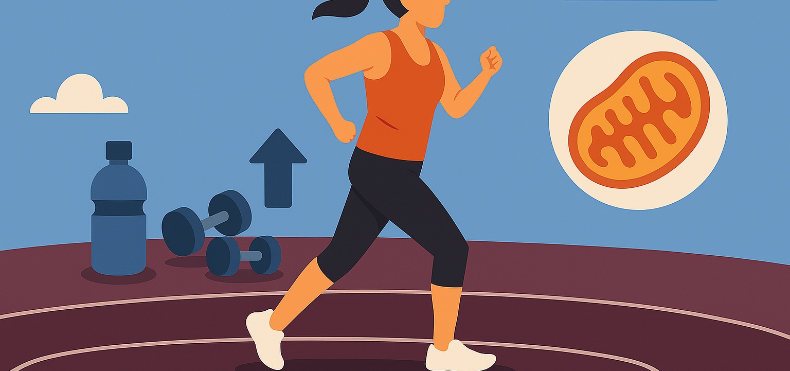 En kvinna joggar på en löparbana omgiven av hantlar, vattenflaska och en illustration av ett mitokondrie, vilket symboliserar hur träning kan stödja kroppens NAD⁺-nivåer.