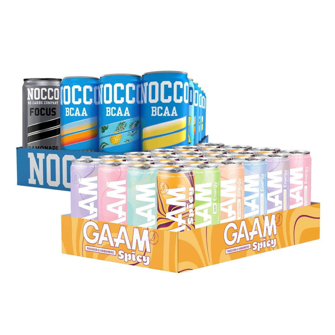 24 x NOCCO BCAA / BCAA+ / FOCUS 330 ml + 24 x GAAM Energy 330 ml Mixflak