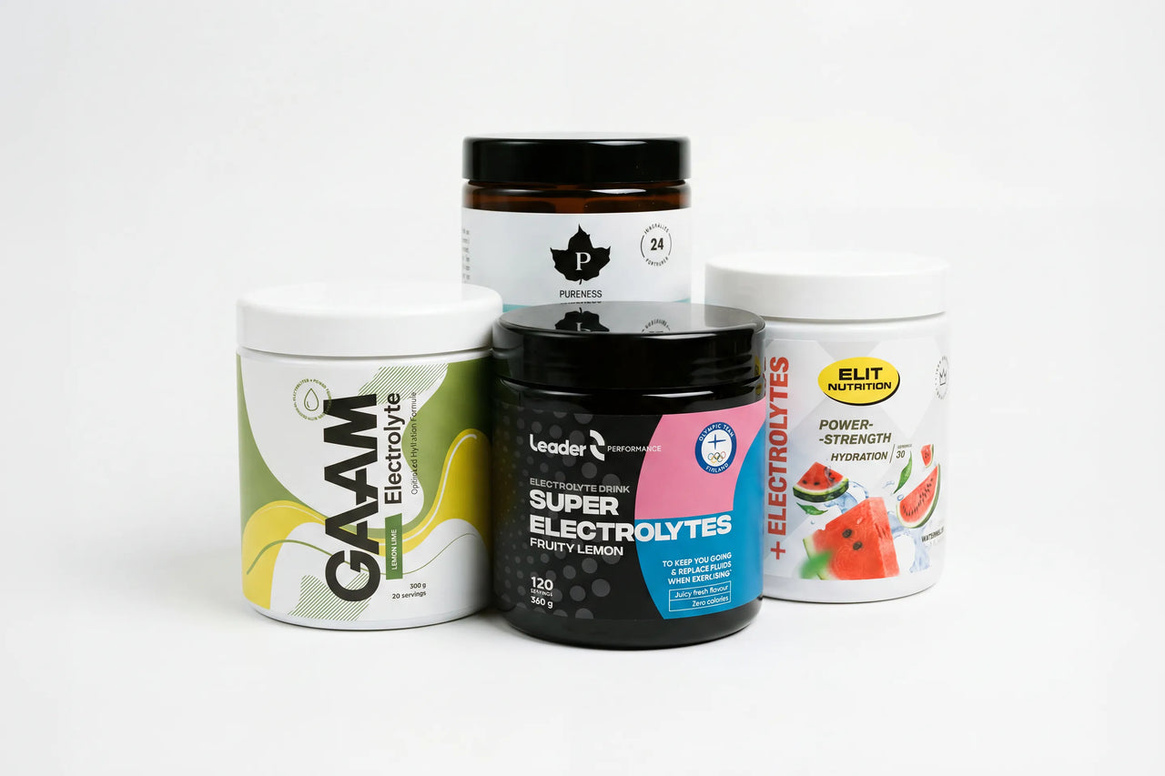 Bäst i test elektrolyttillskott: GAAM Electrolyte Lemon Lime, Leader Super Electrolytes, Pureness och Elit Nutrition Power-Strength Electrolytes Watermelon