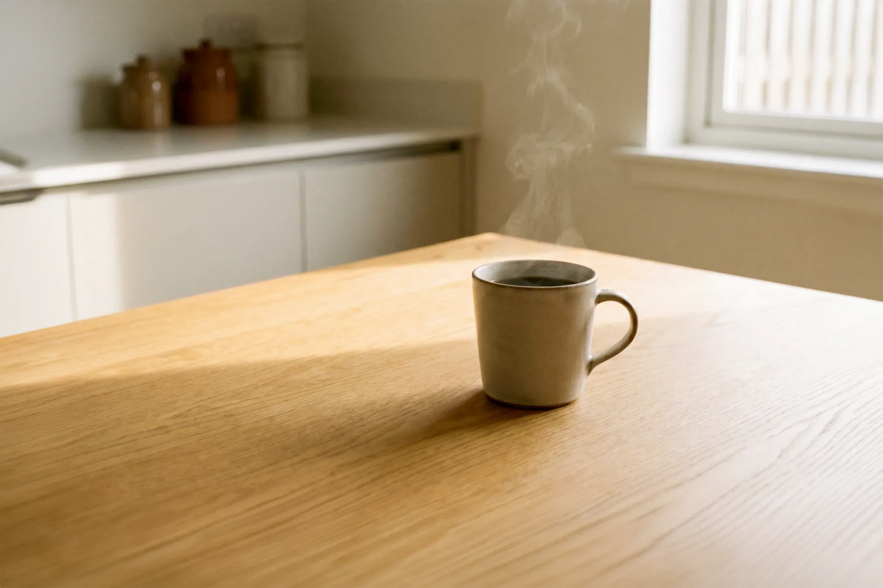 Rykande varm kaffekopp på träbord i skandinaviskt kök – naturlig koffeinekälla för ökad energi och fokus