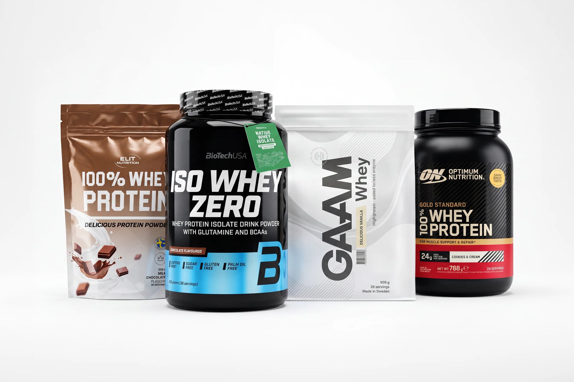 Fyra vassleproteiner från GAAM, Optimum Nutrition, BioTechUSA och Elit Nutrition jämförda i Proteinbolagets test 2026