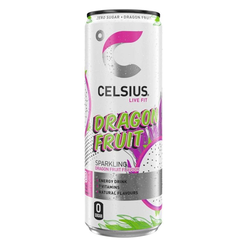 En vit burk av Celsius 355 ml energidryck med rosa och gröna detaljer för smaken Dragon Fruit.