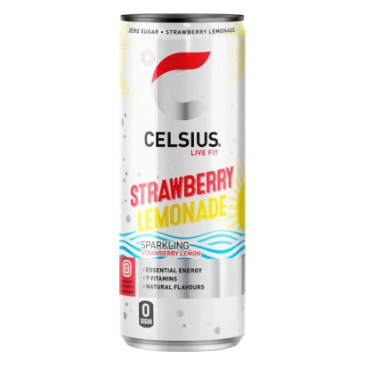Celsius 355 ml energidryck i en vit aluminiumburk med röda och gula detaljer för smaken Strawberry Lemonade.