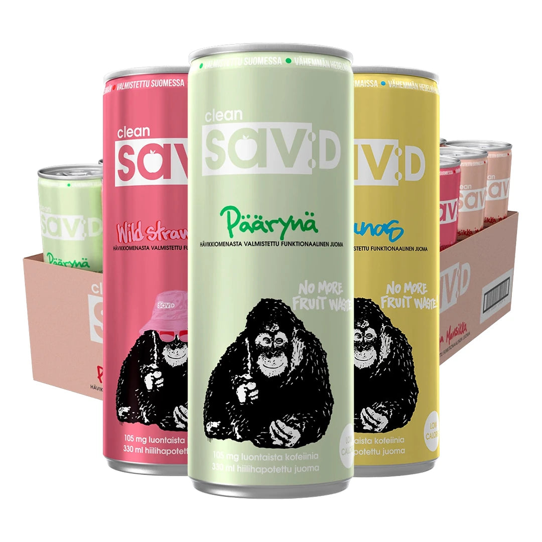 24 x Clean Drink / Clean SavD 330 ml Mix-lava med burkar i rosa, grönt och gult framför ett kartongflak.
