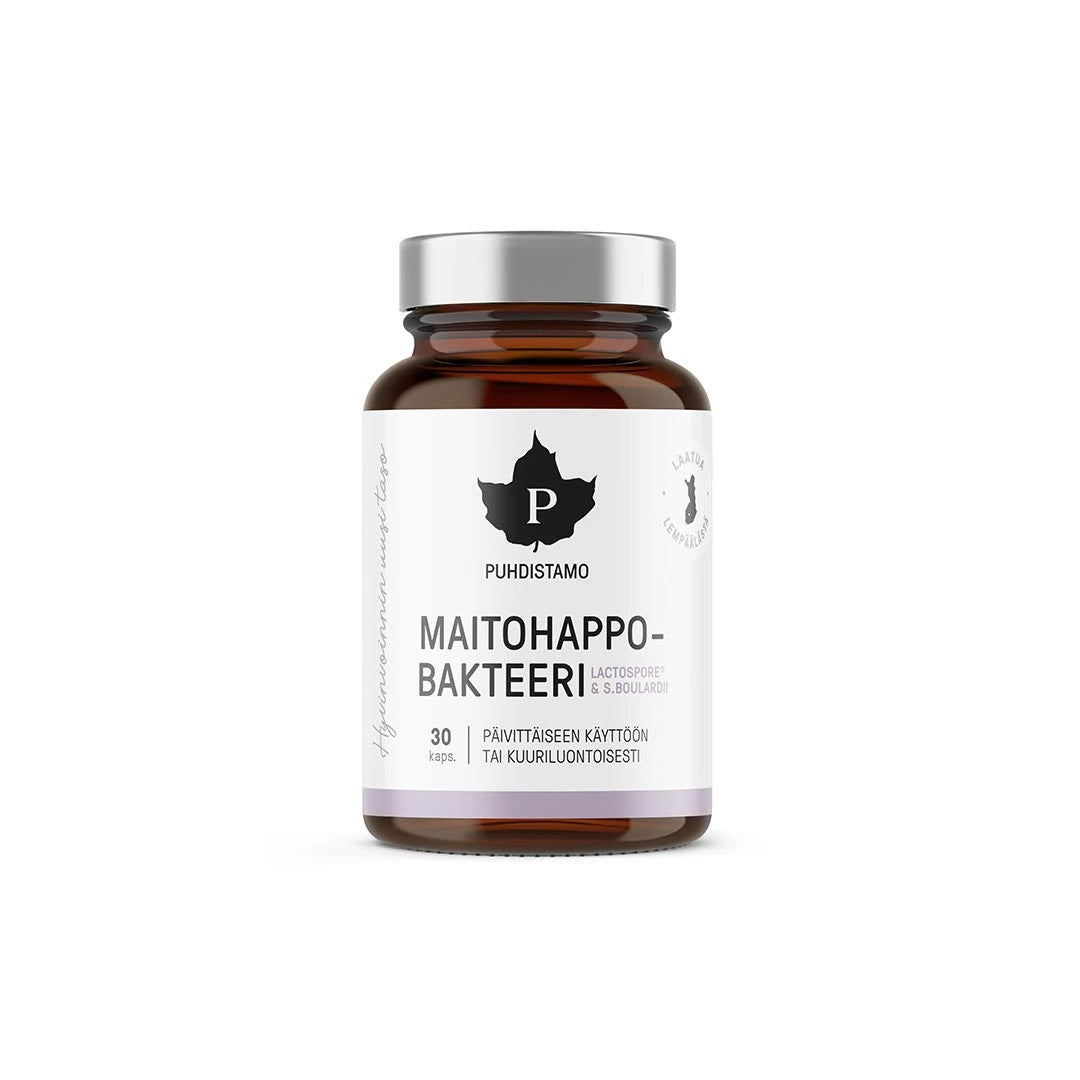 Puhdistamo Maitohappobakteeri - Lactospore & Boulardii 30 kaps i en mörk burk med silvrigt lock och vit etikett.