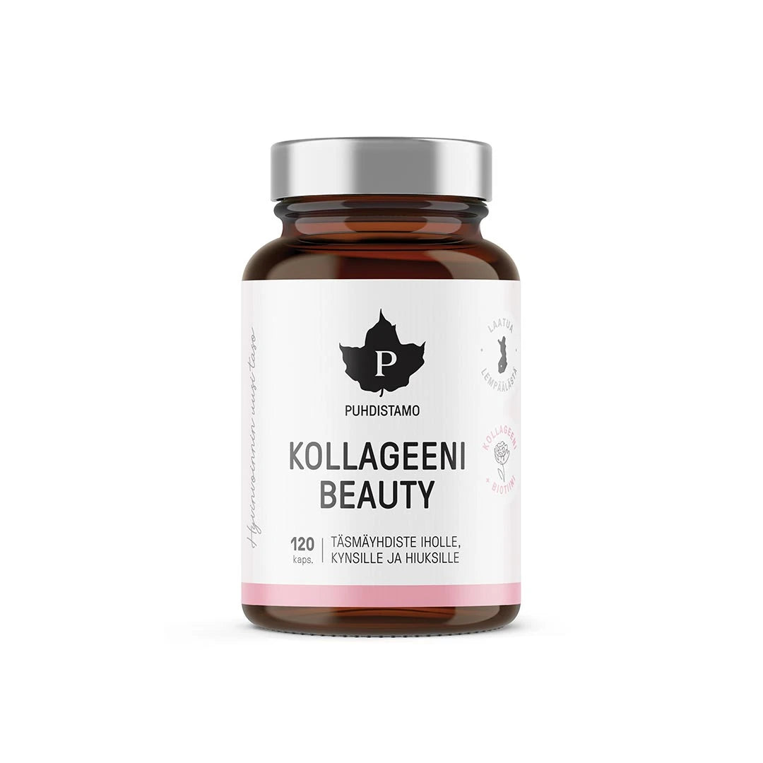 Puhdistamo Kollageeni Beauty 120 kapslar i en mörkbrun burk med vit etikett, rosa detaljer och silvrigt lock.