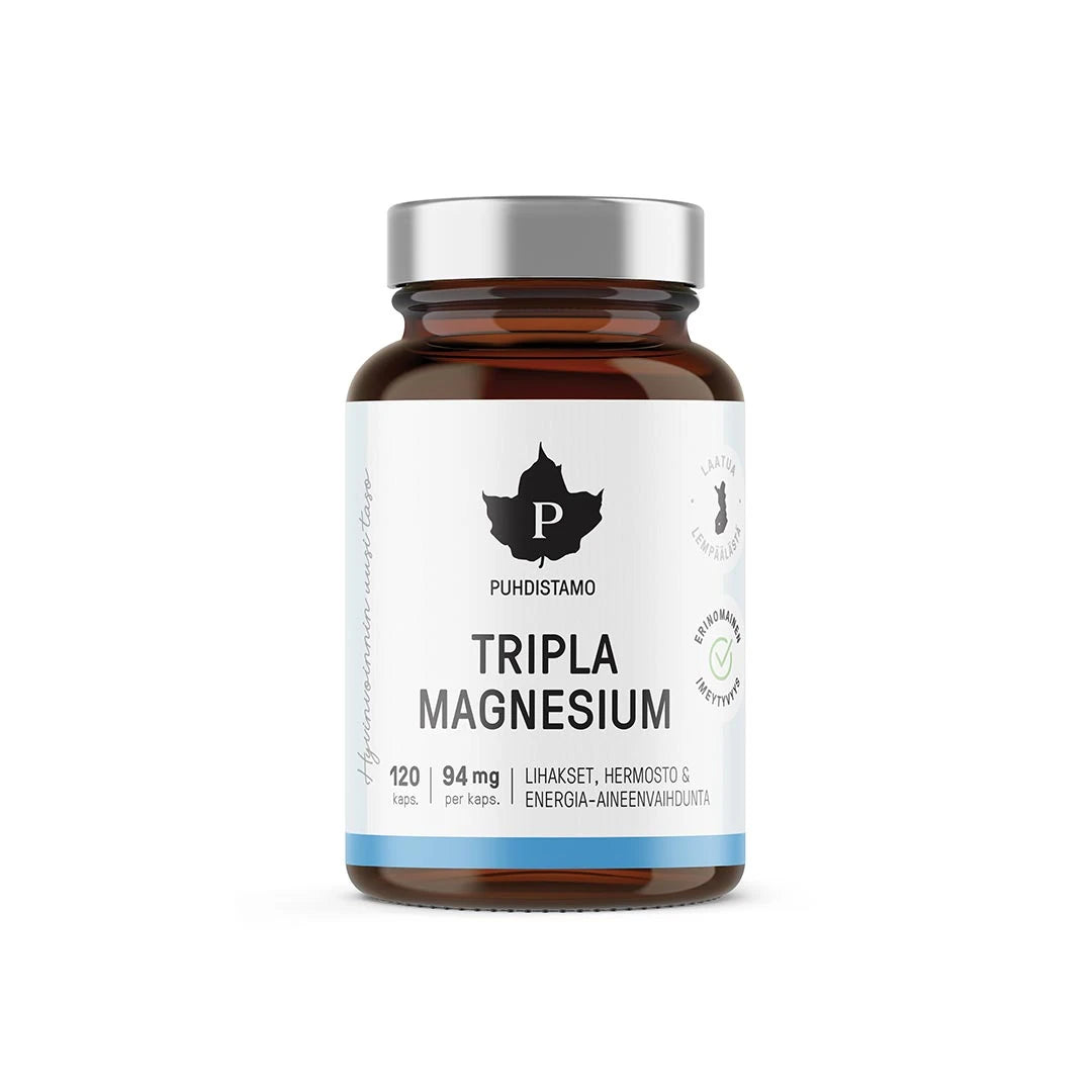Puhdistamo Tripla Magnesium 120 kaps i en mörkbrun glasburk med silverlock och vit etikett med blå detaljer.