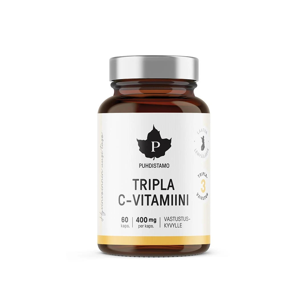 Puhdistamo Tripla C-vitamiini 60 kaps i en mörkbrun burk med silverfärgat lock och vit etikett med svart logotyp.