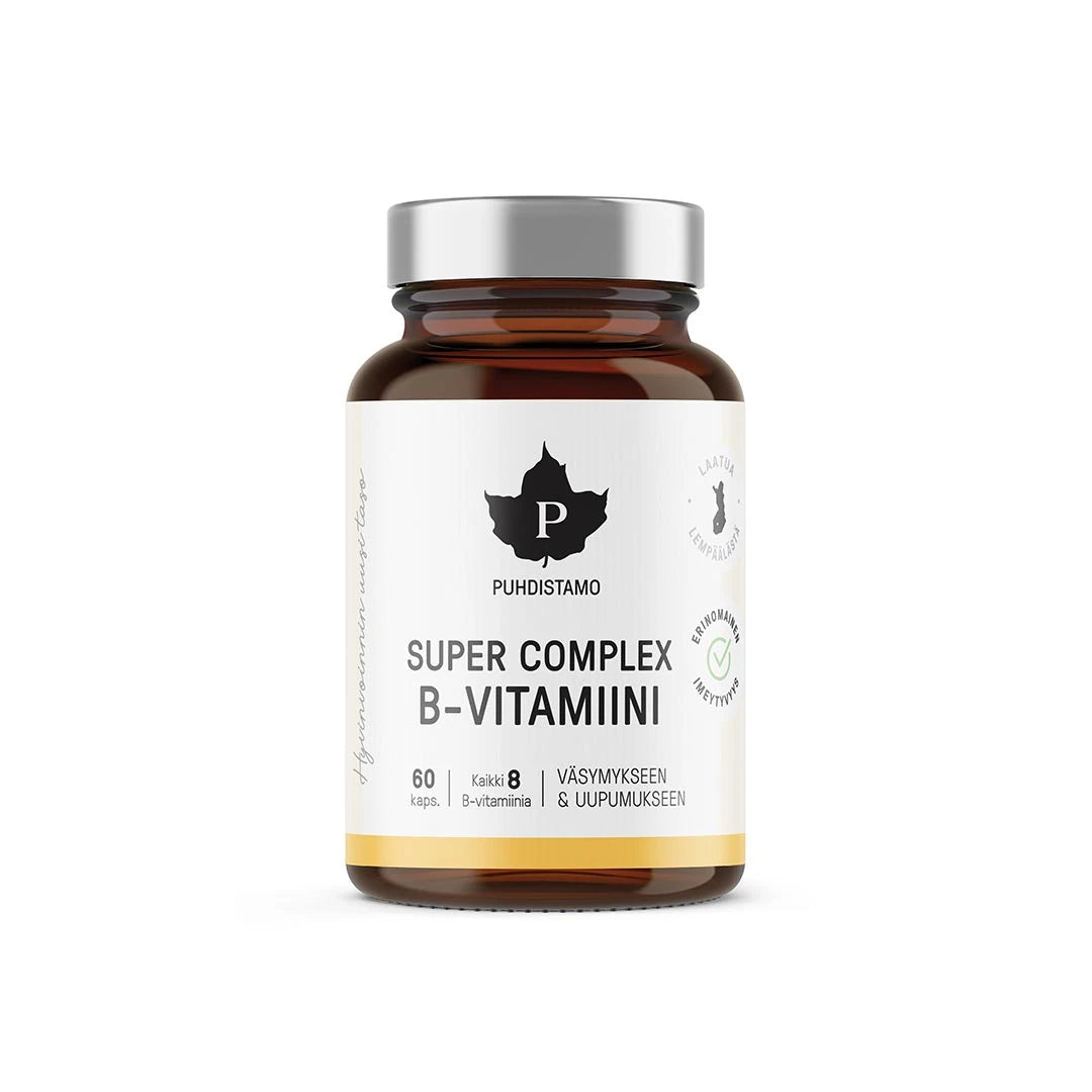 Puhdistamo Super Complex B-vitamiini 60 kaps förpackad i en mörk glasburk med vit etikett och silverlock.