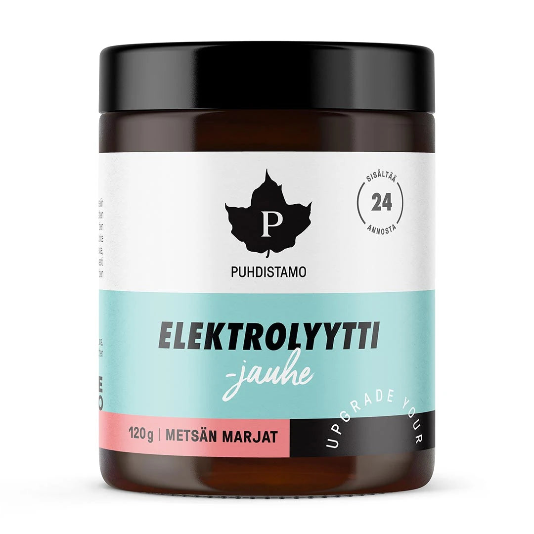 Puhdistamo Elektrolyyttijauhe 120 g, en mörk burk med vit, ljusblå och rosa etikett för smaken Metsän Marjat.