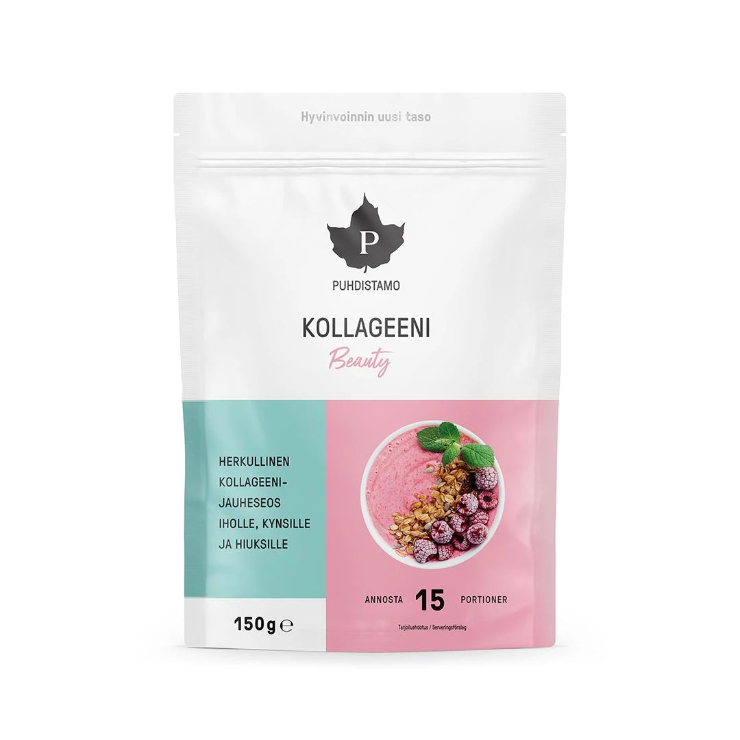 Puhdistamo Kollageeni Beauty 150 g kollagenpulver förpackad i en vit påse med rosa och turkosa detaljer.