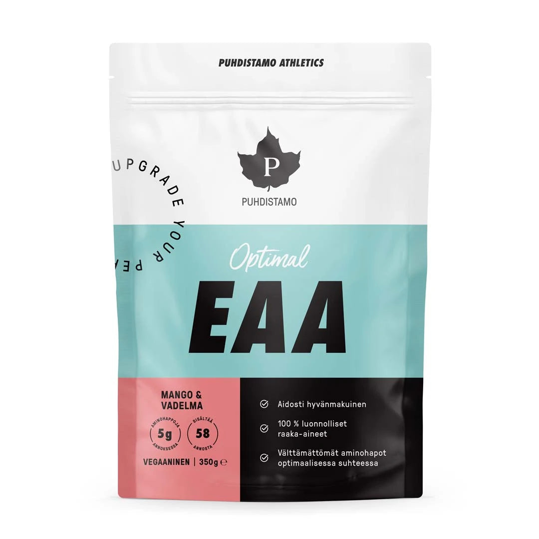 Puhdistamo Optimal EAA -jauhe 350 g i en vit, ljusblå och svart påse med rosa detaljer.
