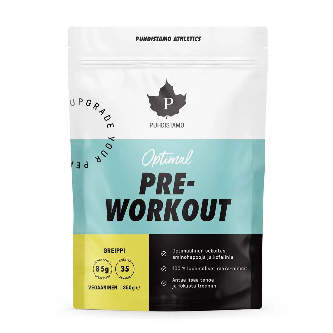 Puhdistamo Optimal Pre-Workout 350 g i en stilren vit påse med ljusblå, svarta och gula detaljer.