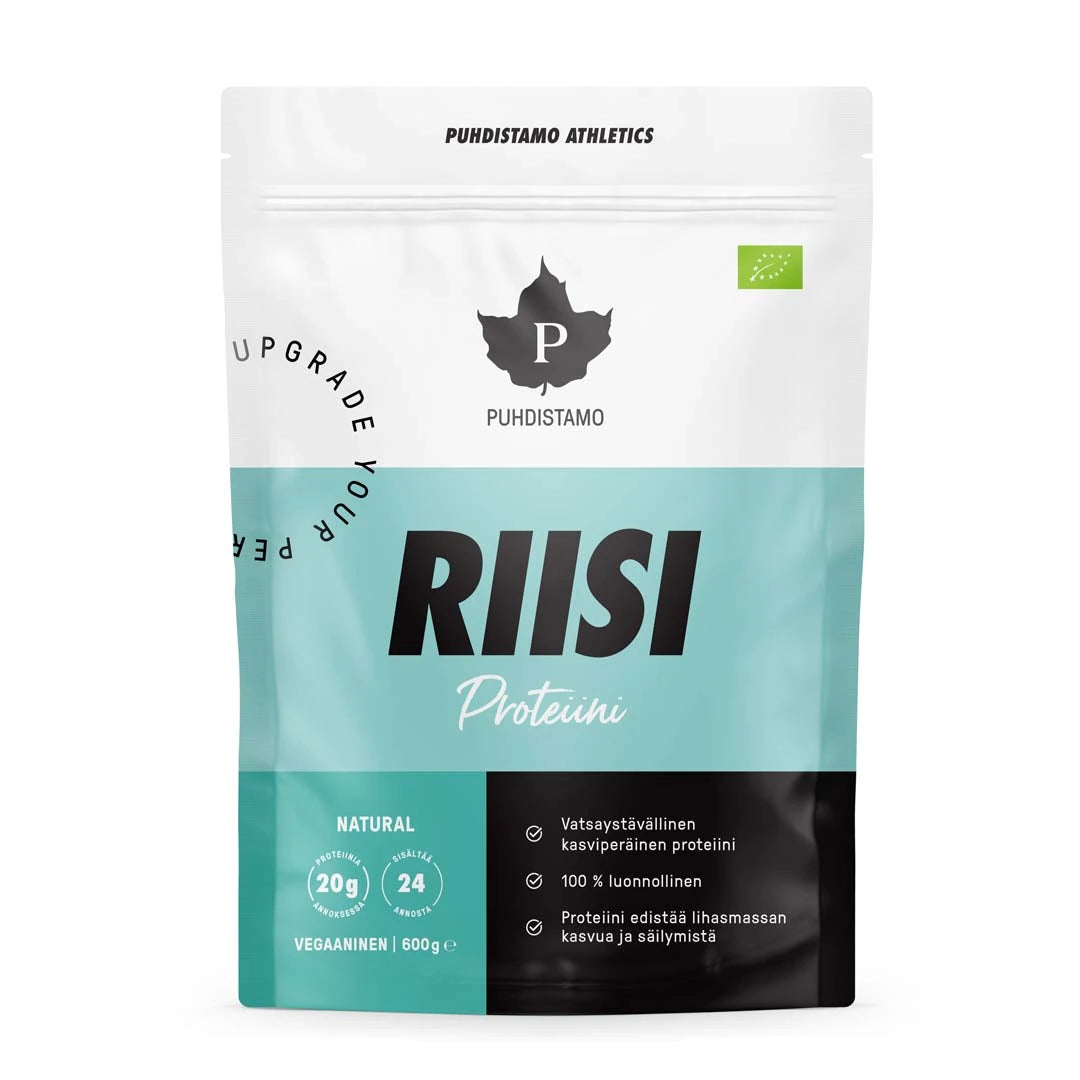 Puhdistamo RIISI Proteiini 600 g i en vit, turkos och svart påse.