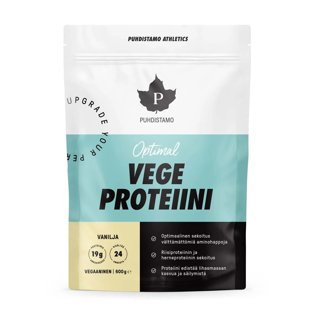 Puhdistamo Optimal VEGE Proteiini 600 g veganskt proteinpulver i en vit och ljusblå påse med vaniljsmak.