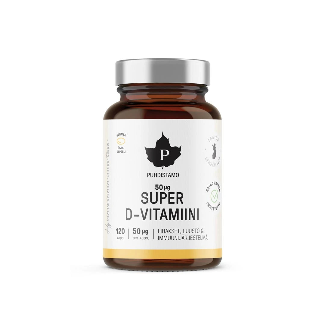 Puhdistamo Super D-vitamiini 50ug 120 kaps i en mörk glasburk med vit etikett och silverfärgat lock.