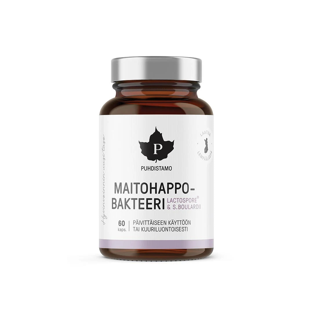 Puhdistamo Maitohappobakteeri - Lactospore & Boulardii 60 kaps förpackad i en mörk glasburk med vit etikett och silvrigt lock.