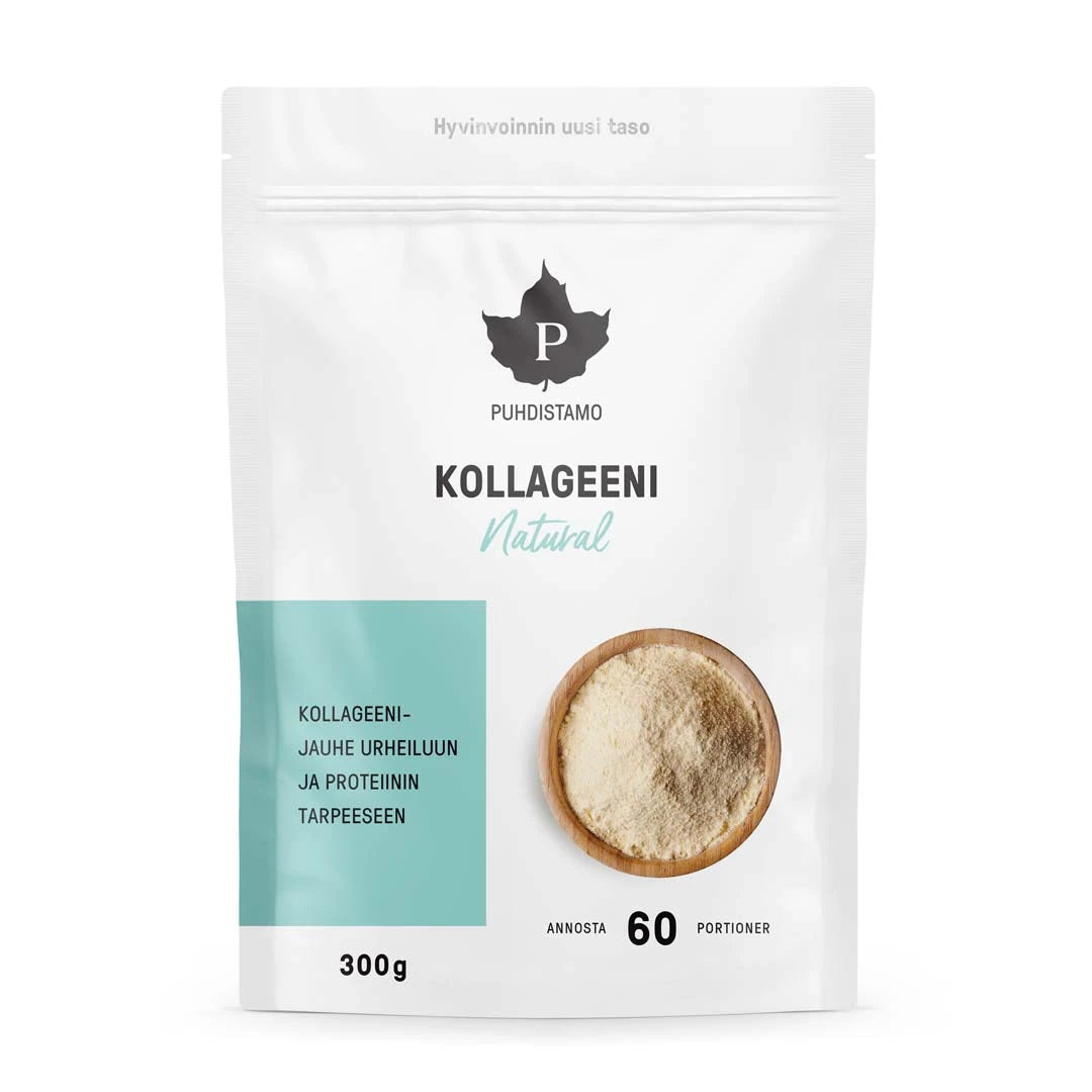 Puhdistamo Kollageeni Natural 300 g kollagenpulver i en stilren vit påse med turkosa detaljer.