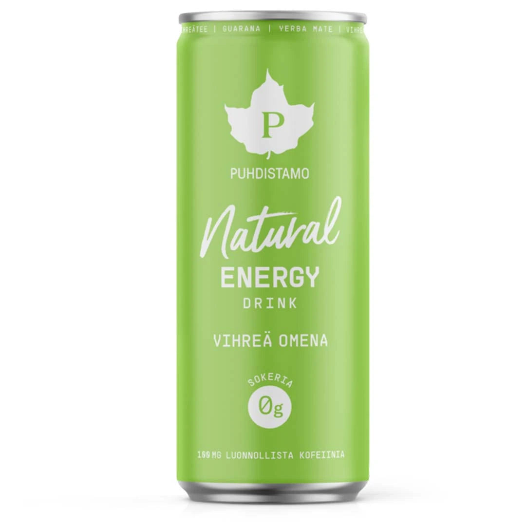 Ljusgrön burk med Puhdistamo Natural Energy Drink 330 ml vegansk energidryck i smaken Vihreä Omena.