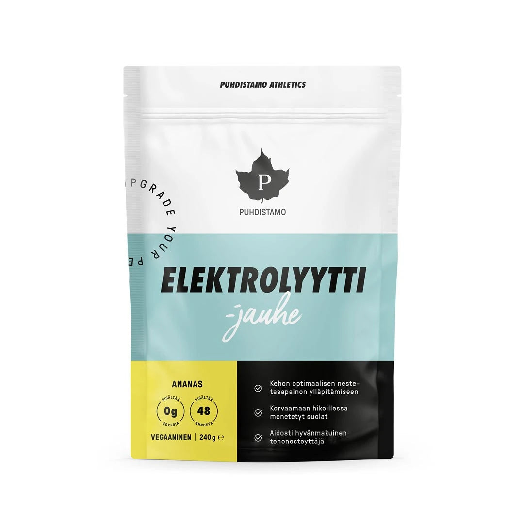 Puhdistamo Elektrolyyttijauhe 240 g förpackad i en vit påse med ljusblå och gula detaljer för smaken Ananas.