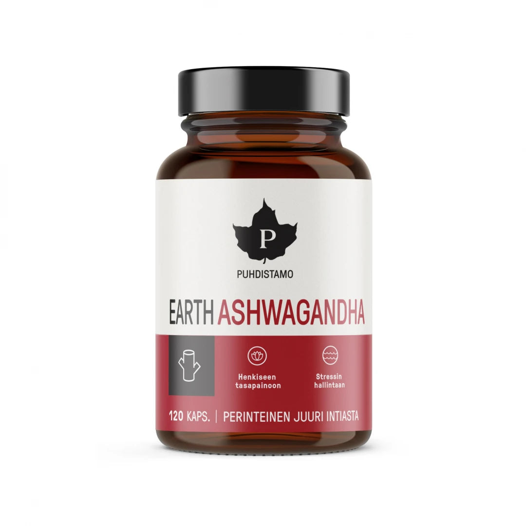 Puhdistamo EARTH Ashwaganda Luomu 120 kaps förpackad i en mörkbrun burk med svart lock och vit-röd etikett.