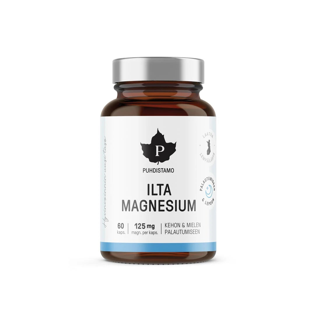 Brun glasburk med silverlock som innehåller Puhdistamo Iltamagnesium 125 mg 60 kapslar kosttillskott.