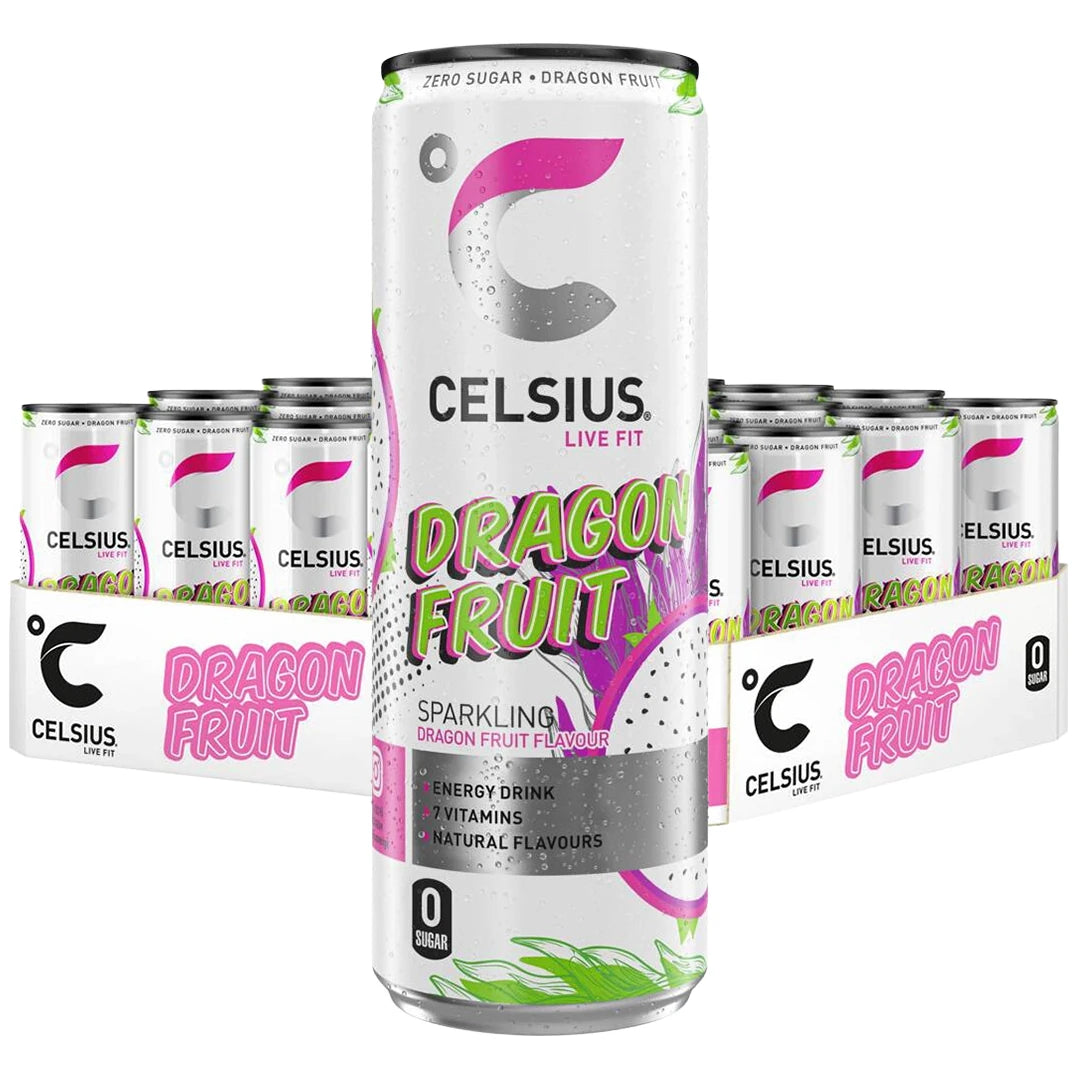 24 x Celsius 355 ml Dragonfruit i ett flak med vita burkar och rosa detaljer.